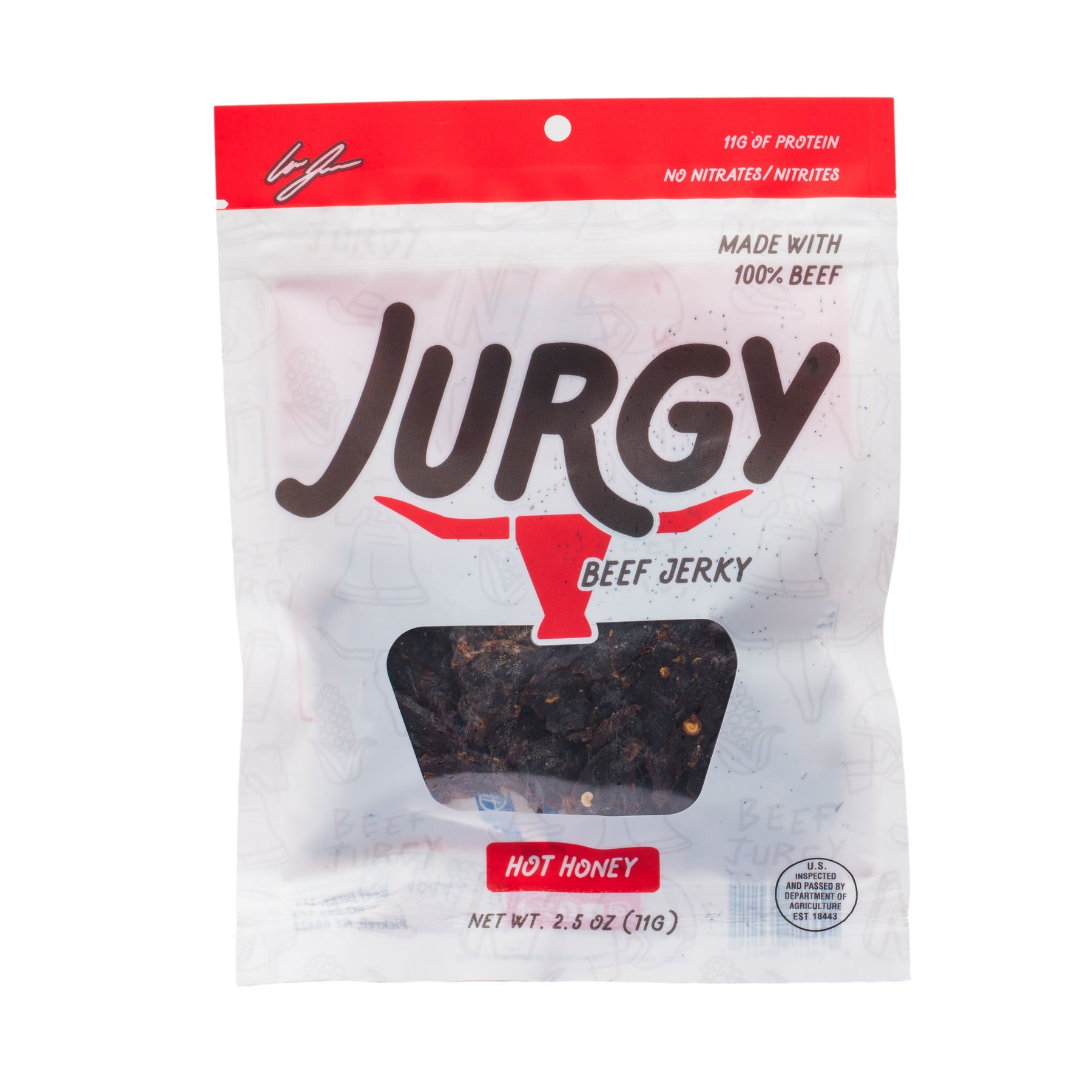 Product image prompt: Hot Honey Beef Jurgy Jerky in premium packaging on a rustic wooden surface with subtle honey dipper, chili flakes, and a few jerky strips arranged neatly; rugged heritage-meets-gourmet styling; warm tones, minimal props, diffused flattering light, film-inspired low contrast, ultra-realistic editorial product photography.